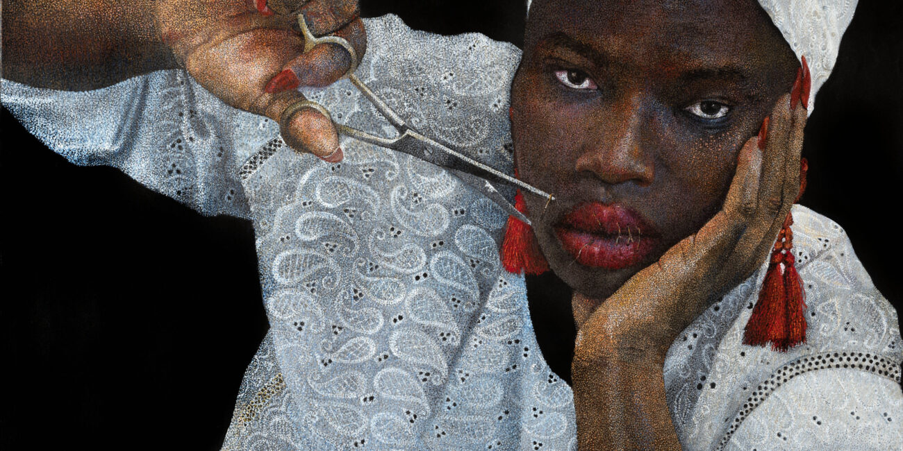 A portrait painting of Human Rights Activist Khadija Gbla. Khadija Gbla is wearing a white lace traditional African dress and headdress, bright read earrings, red lipstick and red nails. Her lips are stitched and she is holding a pair of scissors snipping open her sewn lips.