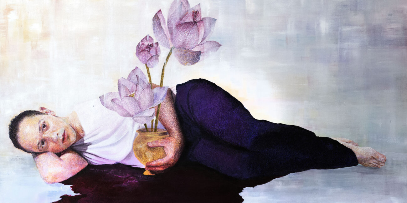 A portrait painting of Adelaide Domestic Violence Campaigner Arman Abrahimzadeh. The painting has Arman laying on the floor in a pool of blood, holding a gold vase of lotus flowers.