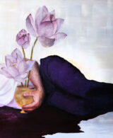 A portrait painting of Adelaide Domestic Violence Campaigner Arman Abrahimzadeh. The painting has Arman laying on the floor in a pool of blood, holding a gold vase of lotus flowers.